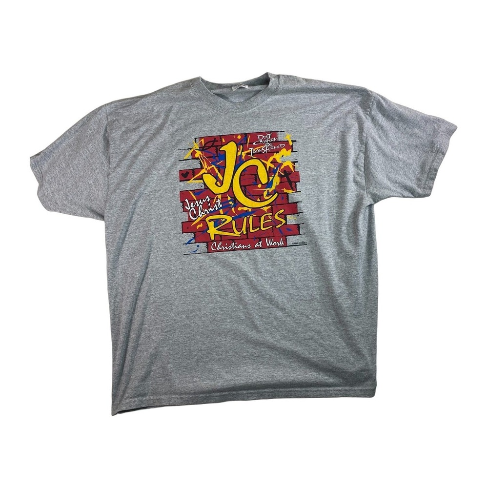 90s 1998 Jesus Christ JC Rules T Shirt Gray 2XL Emmanuel Baptist Church USA